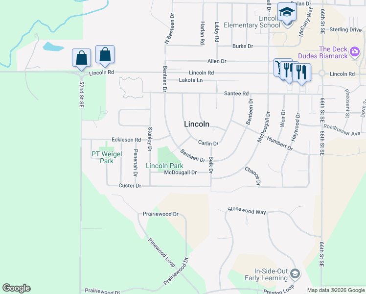 map of restaurants, bars, coffee shops, grocery stores, and more near 48 Benteen Drive in Lincoln