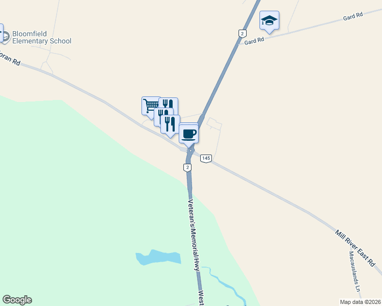map of restaurants, bars, coffee shops, grocery stores, and more near 38468 All Weather Highway in Prince County