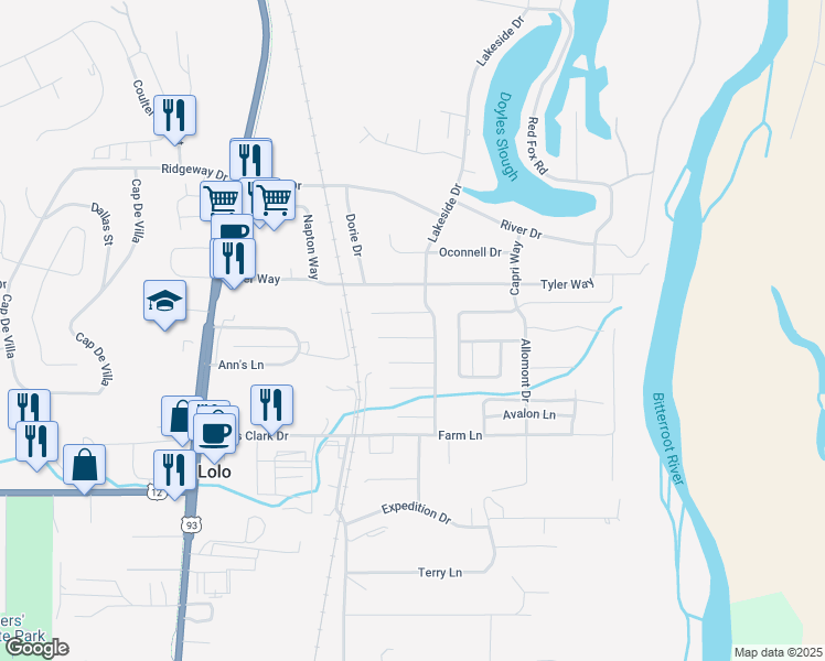 map of restaurants, bars, coffee shops, grocery stores, and more near 5550 Bison Ln in Lolo