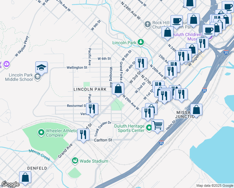 map of restaurants, bars, coffee shops, grocery stores, and more near 2907 West 3rd Street in Duluth