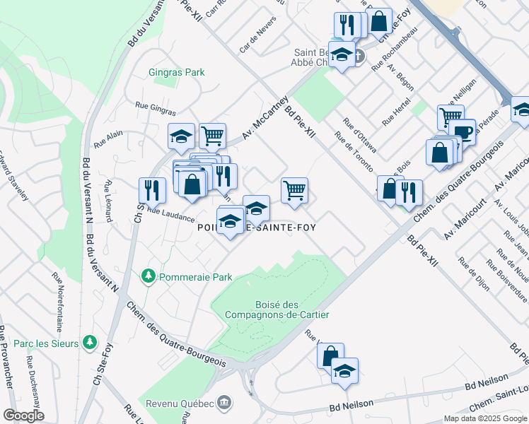 map of restaurants, bars, coffee shops, grocery stores, and more near 3620 Avenue des Compagnons in Québec