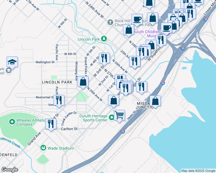 map of restaurants, bars, coffee shops, grocery stores, and more near 2801 West 1st Street in Duluth