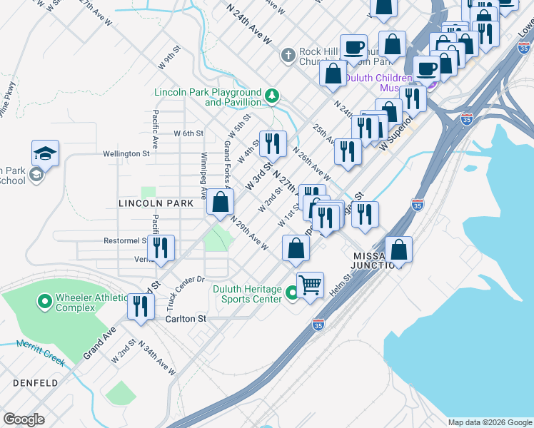 map of restaurants, bars, coffee shops, grocery stores, and more near 2801 West 1st Street in Duluth