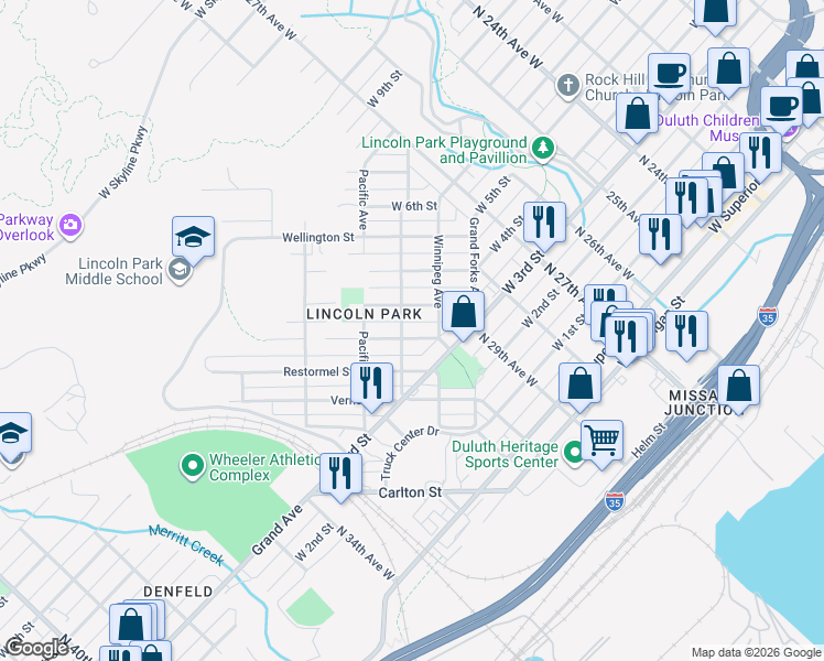 map of restaurants, bars, coffee shops, grocery stores, and more near 423 Michigan Avenue in Duluth
