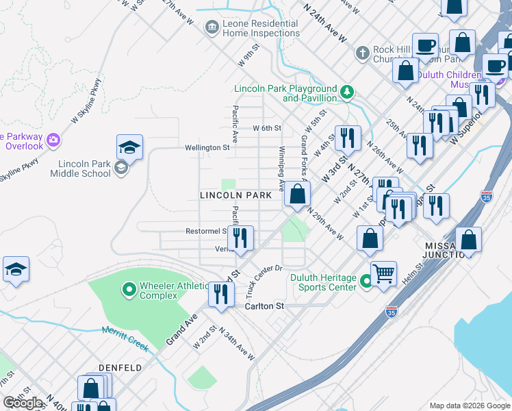 map of restaurants, bars, coffee shops, grocery stores, and more near 423 Michigan Avenue in Duluth