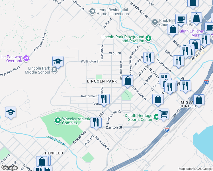 map of restaurants, bars, coffee shops, grocery stores, and more near 423 Michigan Avenue in Duluth