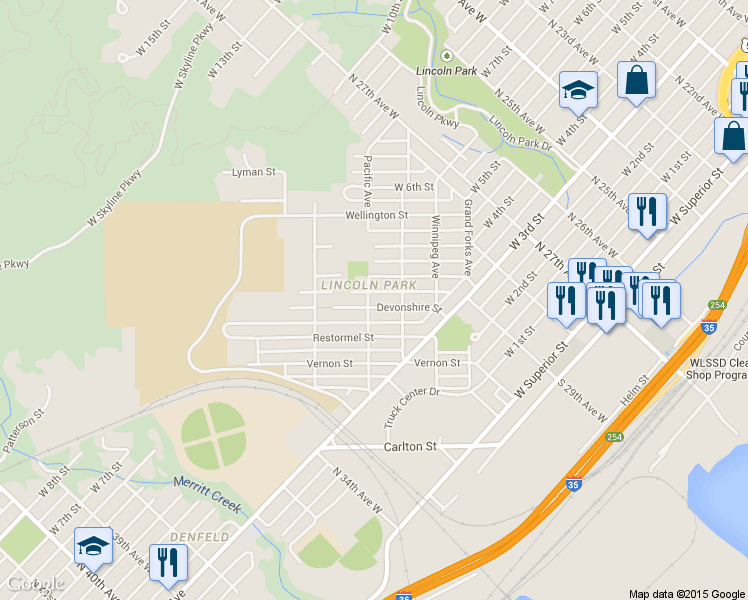 map of restaurants, bars, coffee shops, grocery stores, and more near 3052 Devonshire Street in Duluth