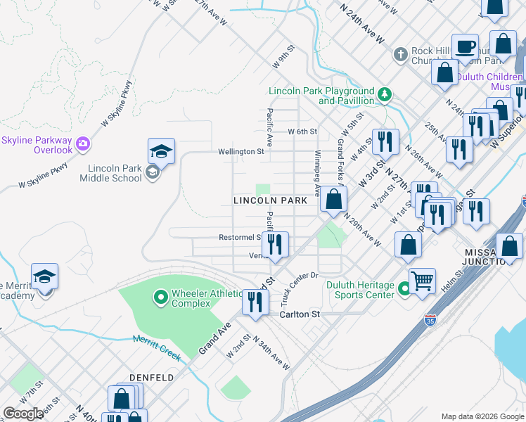 map of restaurants, bars, coffee shops, grocery stores, and more near 3052 Devonshire Street in Duluth