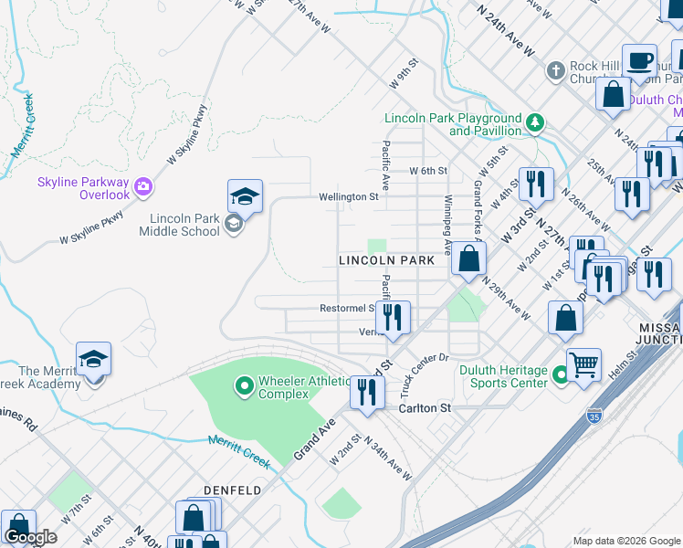 map of restaurants, bars, coffee shops, grocery stores, and more near 3110 Devonshire Street in Duluth