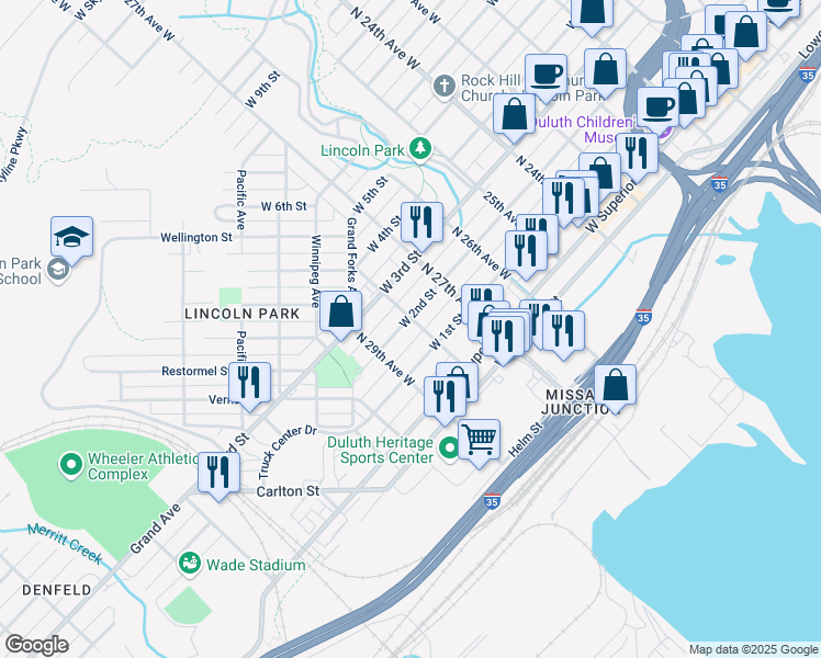 map of restaurants, bars, coffee shops, grocery stores, and more near 127 North 28th Avenue West in Duluth