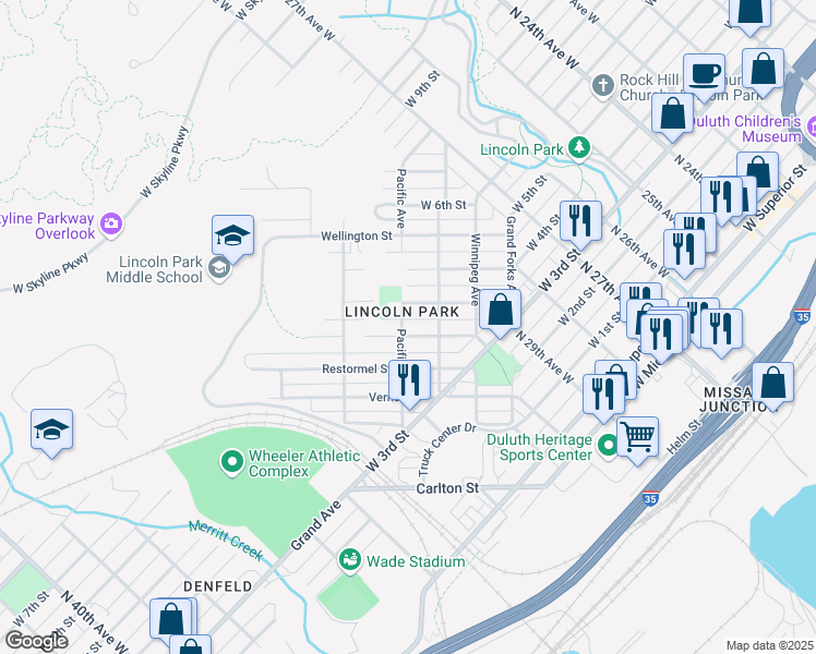 map of restaurants, bars, coffee shops, grocery stores, and more near 3021 Devonshire Street in Duluth