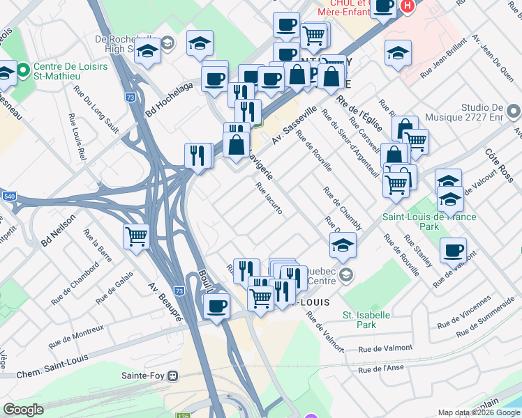 map of restaurants, bars, coffee shops, grocery stores, and more near 3033 Rue Raudot in Québec