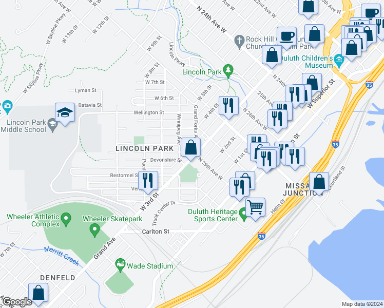 map of restaurants, bars, coffee shops, grocery stores, and more near 2908 West 3rd Street in Duluth