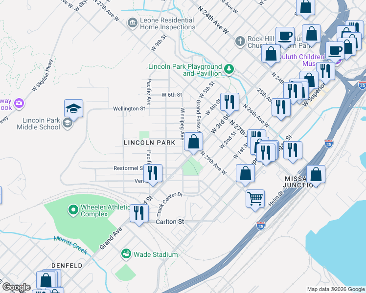 map of restaurants, bars, coffee shops, grocery stores, and more near 2958 Devonshire Street in Duluth