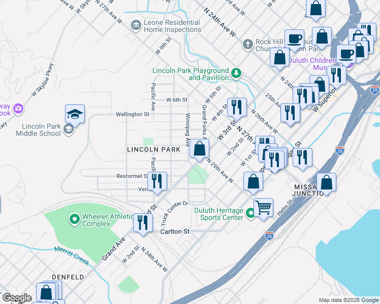 map of restaurants, bars, coffee shops, grocery stores, and more near 2958 Devonshire Street in Duluth