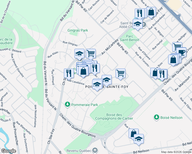 map of restaurants, bars, coffee shops, grocery stores, and more near 913 Rue Grandjean in Québec