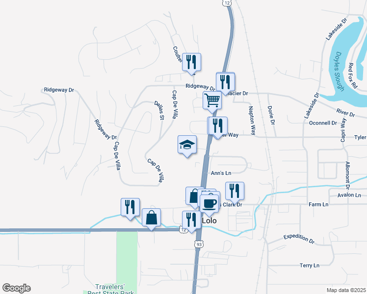map of restaurants, bars, coffee shops, grocery stores, and more near 11395 U.S. 93 in Lolo