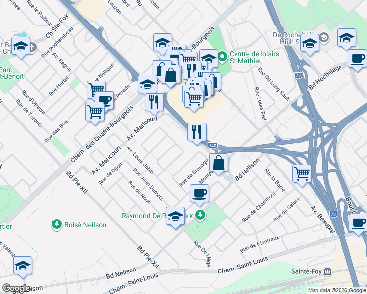 map of restaurants, bars, coffee shops, grocery stores, and more near 1035 Rue Jeanne le Ber in Québec