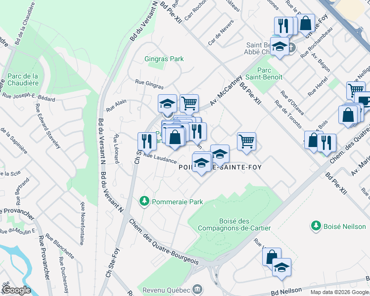 map of restaurants, bars, coffee shops, grocery stores, and more near 3675 Rue du Campanile in Québec