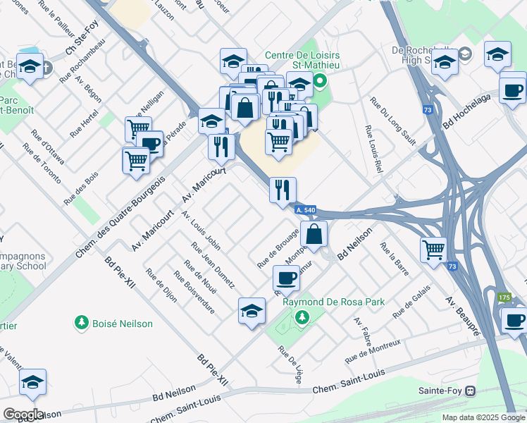 map of restaurants, bars, coffee shops, grocery stores, and more near 1035 Rue Jeanne le Ber in Québec