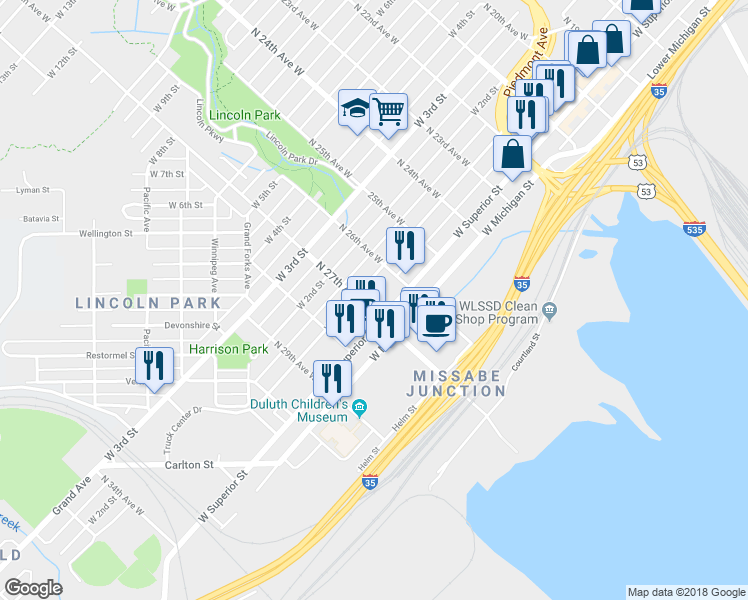 map of restaurants, bars, coffee shops, grocery stores, and more near 2627 West Superior Street in Duluth
