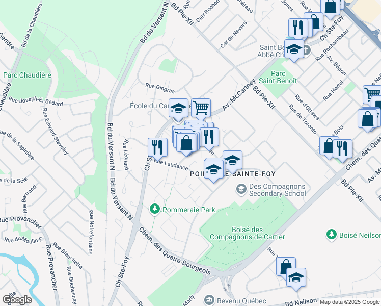 map of restaurants, bars, coffee shops, grocery stores, and more near Rue du Campanile in Québec