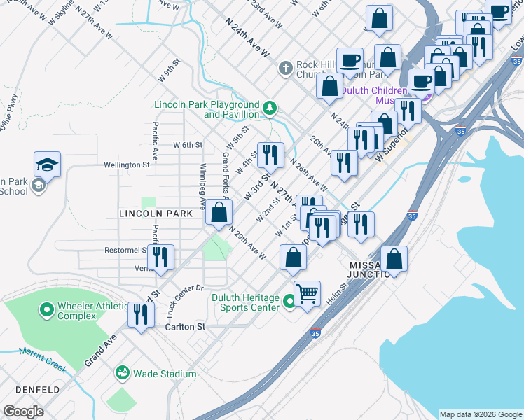 map of restaurants, bars, coffee shops, grocery stores, and more near 208 North 28th Avenue West in Duluth