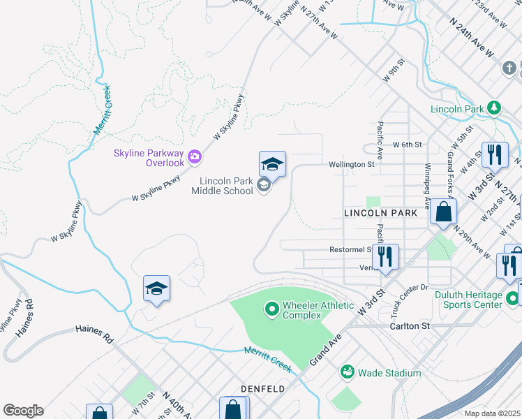 map of restaurants, bars, coffee shops, grocery stores, and more near 3215 West 3rd Street in Duluth