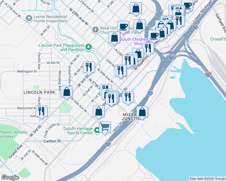 map of restaurants, bars, coffee shops, grocery stores, and more near in Duluth