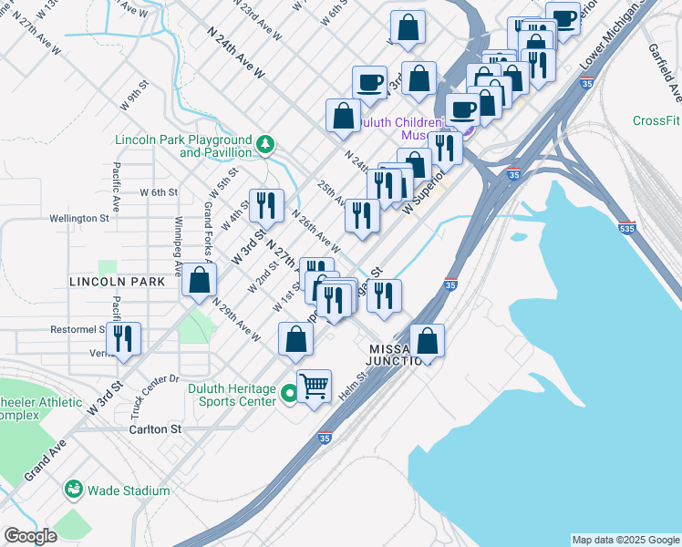 map of restaurants, bars, coffee shops, grocery stores, and more near in Duluth
