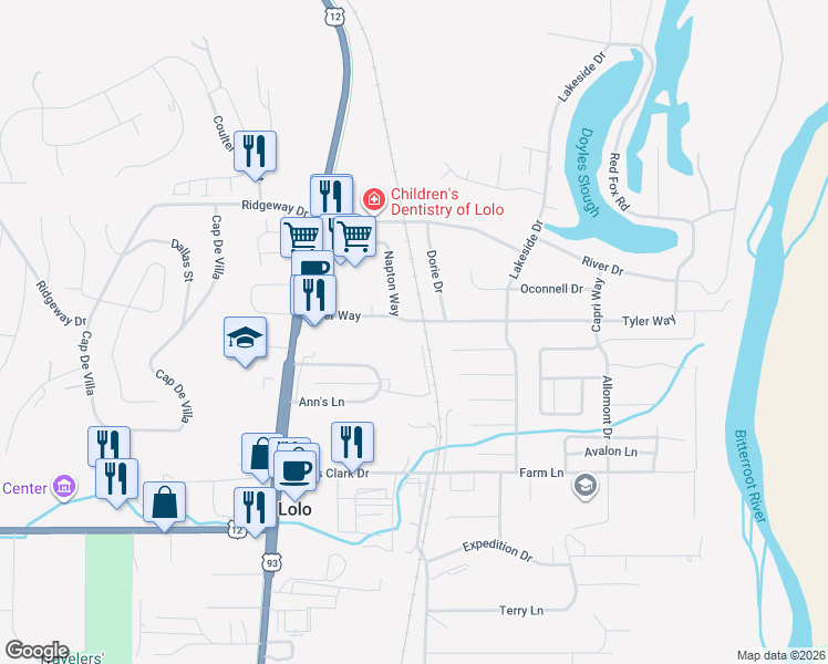 map of restaurants, bars, coffee shops, grocery stores, and more near 11330 Napton Way in Lolo