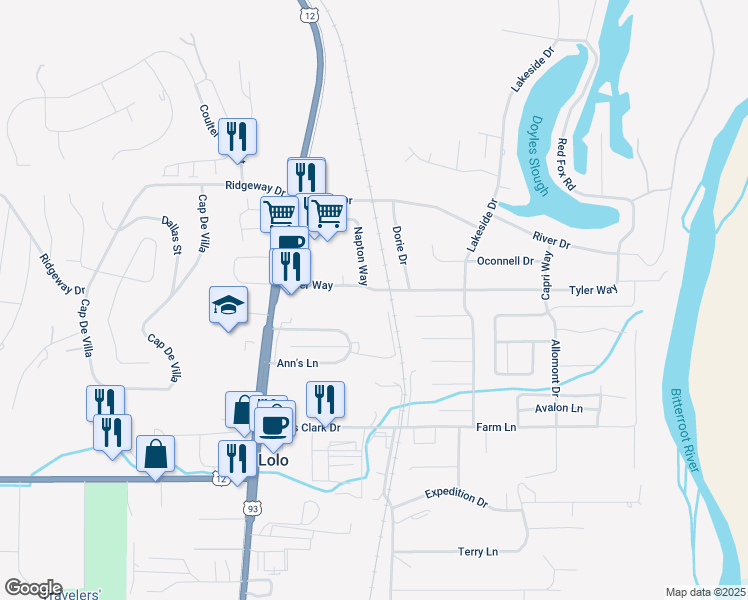 map of restaurants, bars, coffee shops, grocery stores, and more near 11330 Napton Way in Lolo