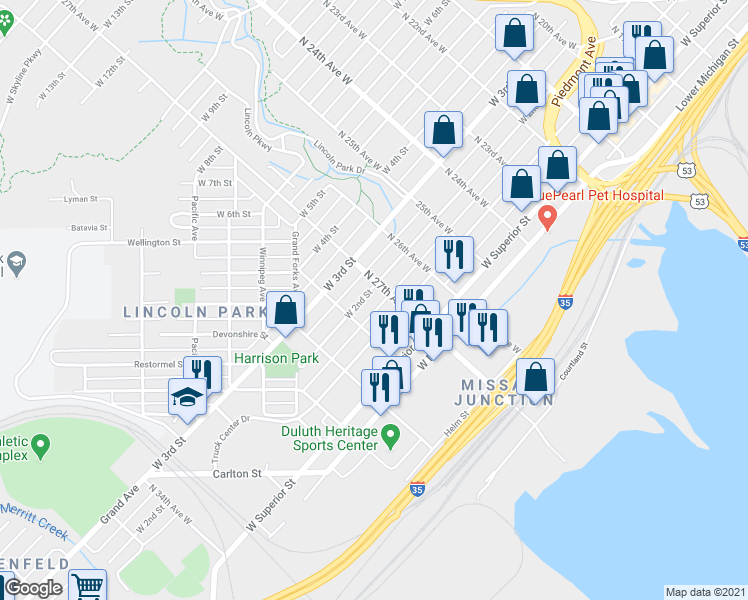 map of restaurants, bars, coffee shops, grocery stores, and more near 2707 West 2nd Street in Duluth