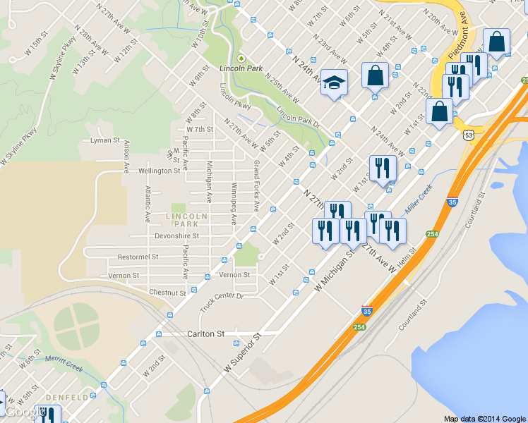 map of restaurants, bars, coffee shops, grocery stores, and more near 319-1/2 North 28th Avenue West in Duluth