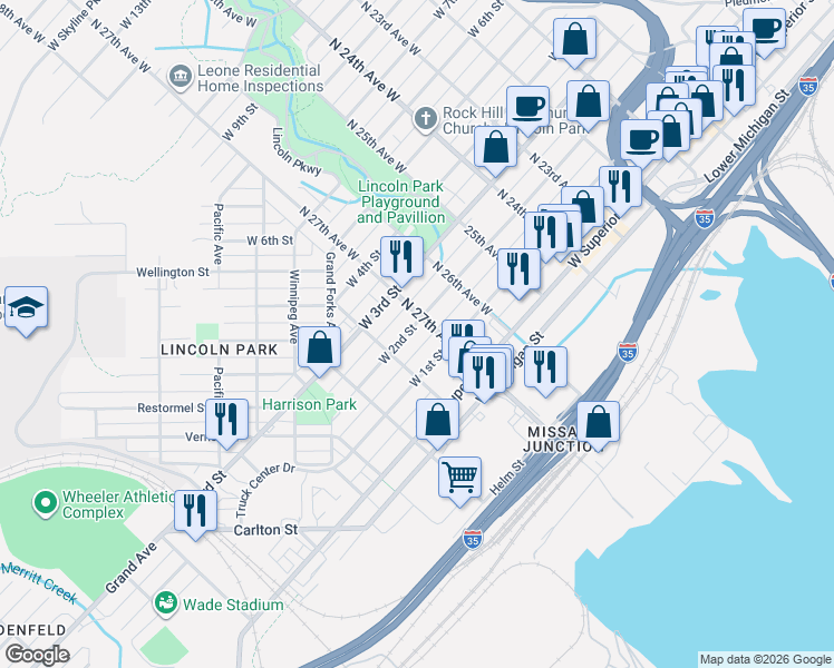 map of restaurants, bars, coffee shops, grocery stores, and more near 2710 West 2nd Street in Duluth