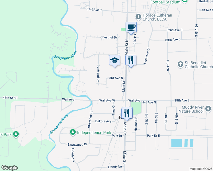 map of restaurants, bars, coffee shops, grocery stores, and more near 105 3rd Avenue North in Horace