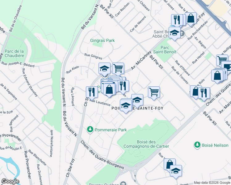 map of restaurants, bars, coffee shops, grocery stores, and more near 3674 Rue du Campanile in Québec