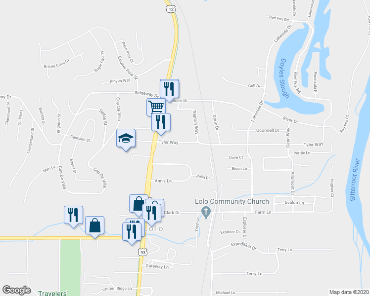 map of restaurants, bars, coffee shops, grocery stores, and more near 111 Tyler Way in Lolo