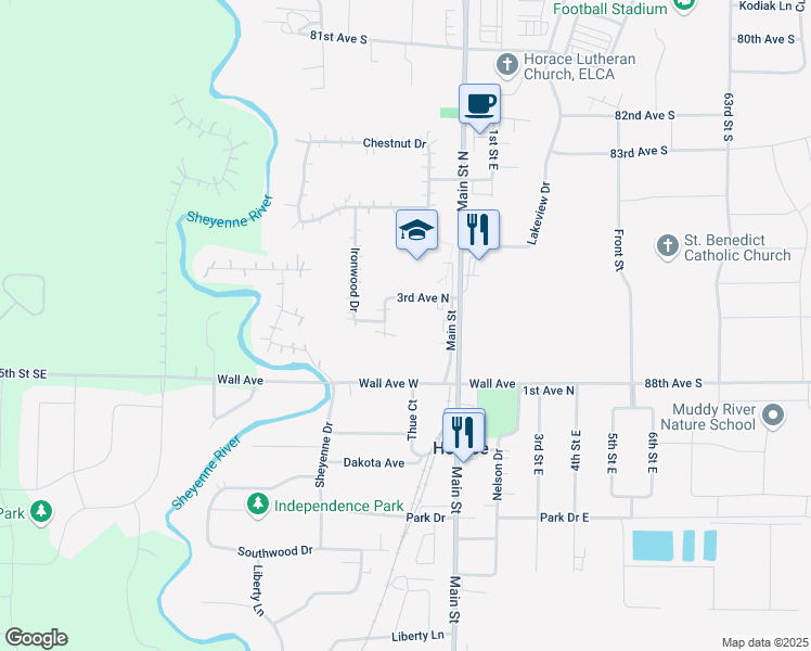 map of restaurants, bars, coffee shops, grocery stores, and more near 105 3rd Avenue North in Horace