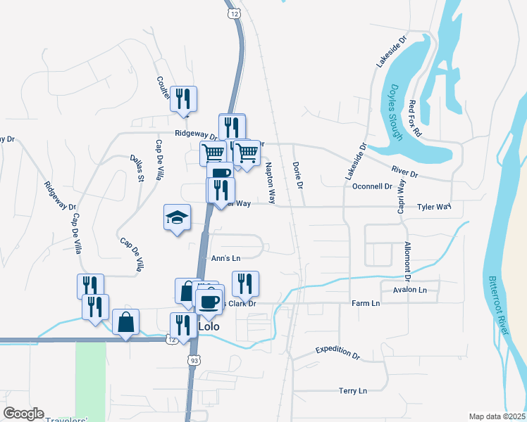 map of restaurants, bars, coffee shops, grocery stores, and more near 113 Tyler Way in Lolo