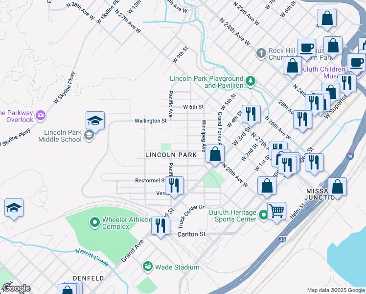 map of restaurants, bars, coffee shops, grocery stores, and more near 2957 Exeter Street in Duluth