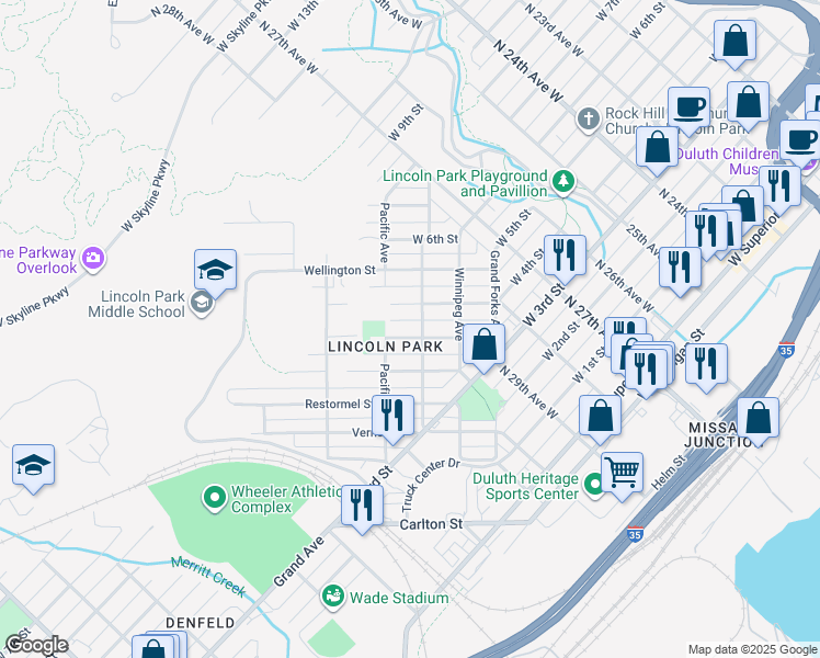 map of restaurants, bars, coffee shops, grocery stores, and more near 2957 Exeter Street in Duluth