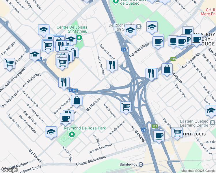 map of restaurants, bars, coffee shops, grocery stores, and more near 1090 Rue Louis-Riel in Québec