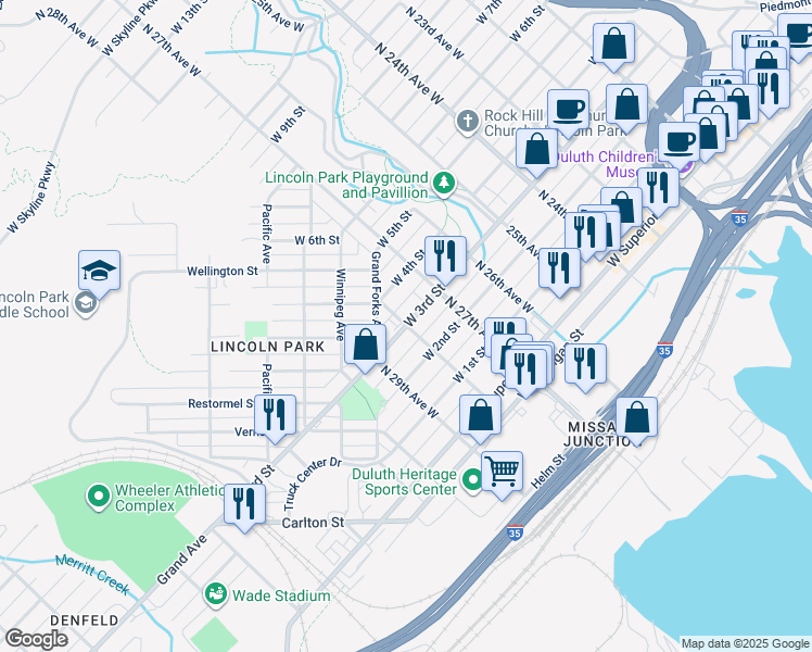 map of restaurants, bars, coffee shops, grocery stores, and more near 301 North 28th Avenue West in Duluth