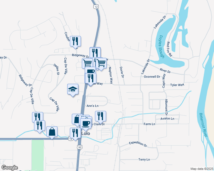 map of restaurants, bars, coffee shops, grocery stores, and more near 113 Tyler Way in Lolo