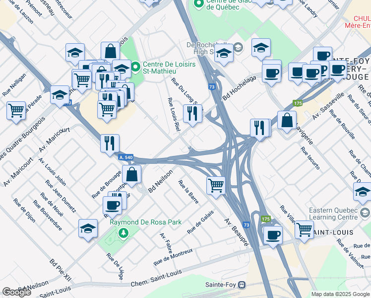map of restaurants, bars, coffee shops, grocery stores, and more near 1090 Rue Louis-Riel in Québec