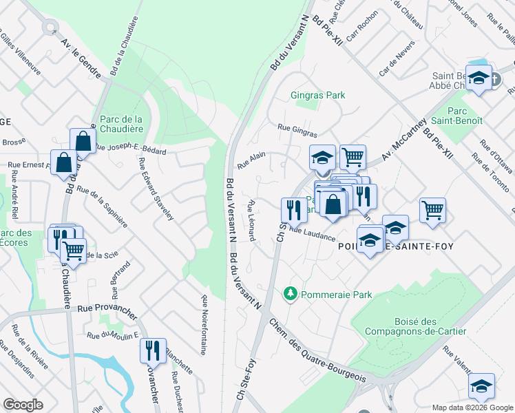 map of restaurants, bars, coffee shops, grocery stores, and more near 720 Rue Léonard in Québec