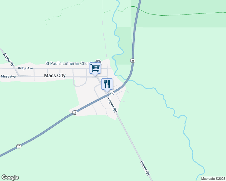 map of restaurants, bars, coffee shops, grocery stores, and more near 1328 Highway 26 in Mass City