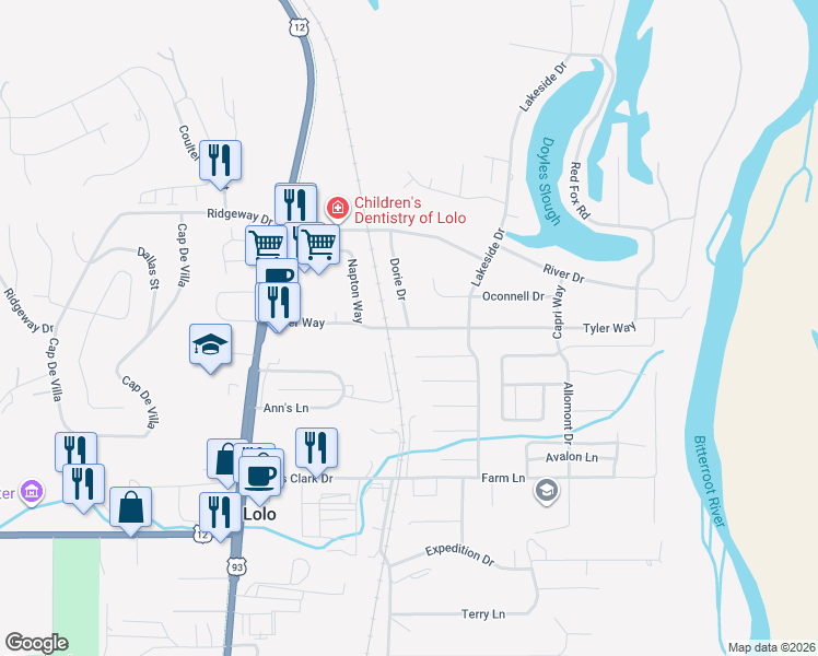 map of restaurants, bars, coffee shops, grocery stores, and more near 200 Tyler Way in Lolo