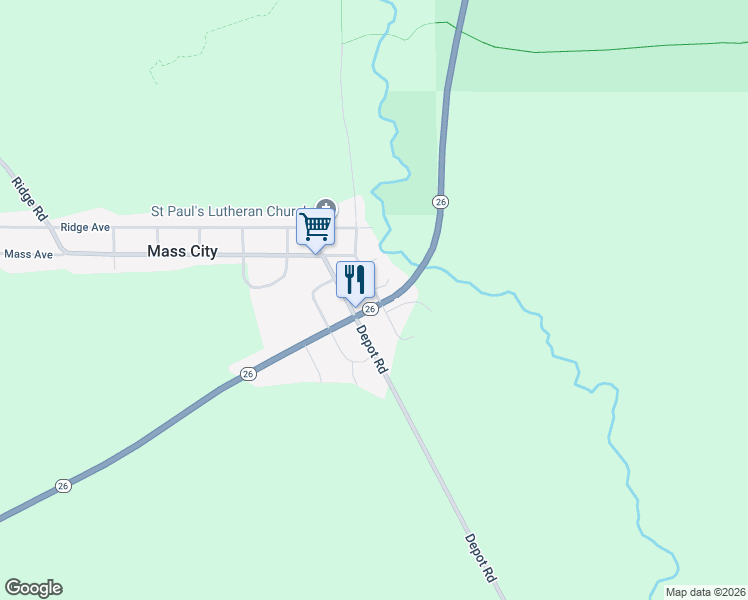 map of restaurants, bars, coffee shops, grocery stores, and more near 1328 Highway 26 in Mass City